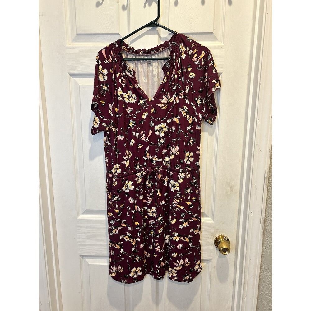 Garnet Hill Womens Large Burgundy Floral Smocked V-Neck Drawstrin Dress Fall